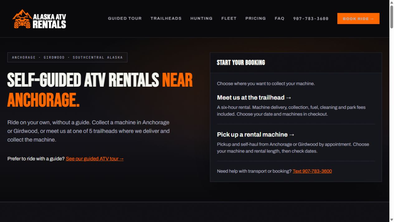 Alaska ATV Rentals homepage offering delivered trailhead packages and pickup rental booking paths