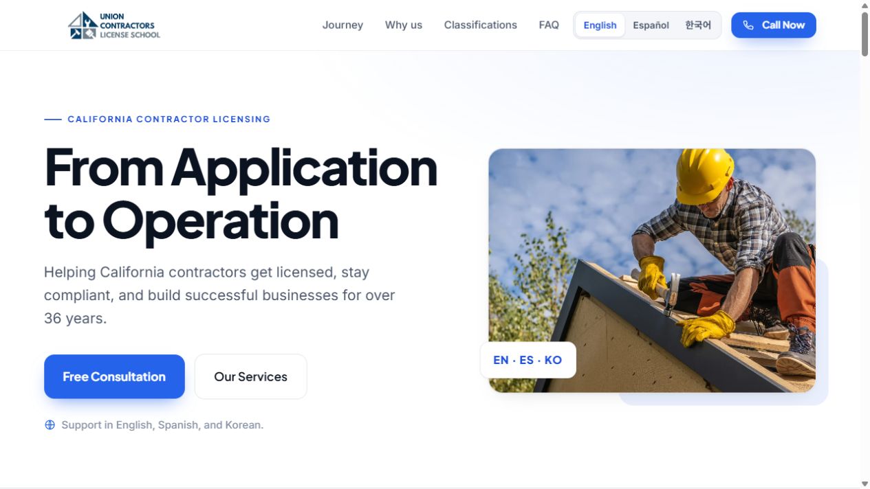 Union Contractor License School homepage with multilingual navigation and a contractor working on a roof